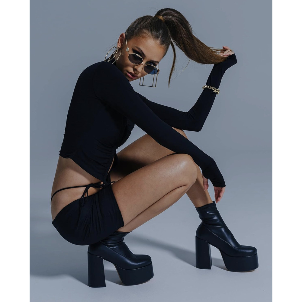 Easyfox Platform Boots Mid Calf Chunky High Heels Ankle Boots Black Size 10